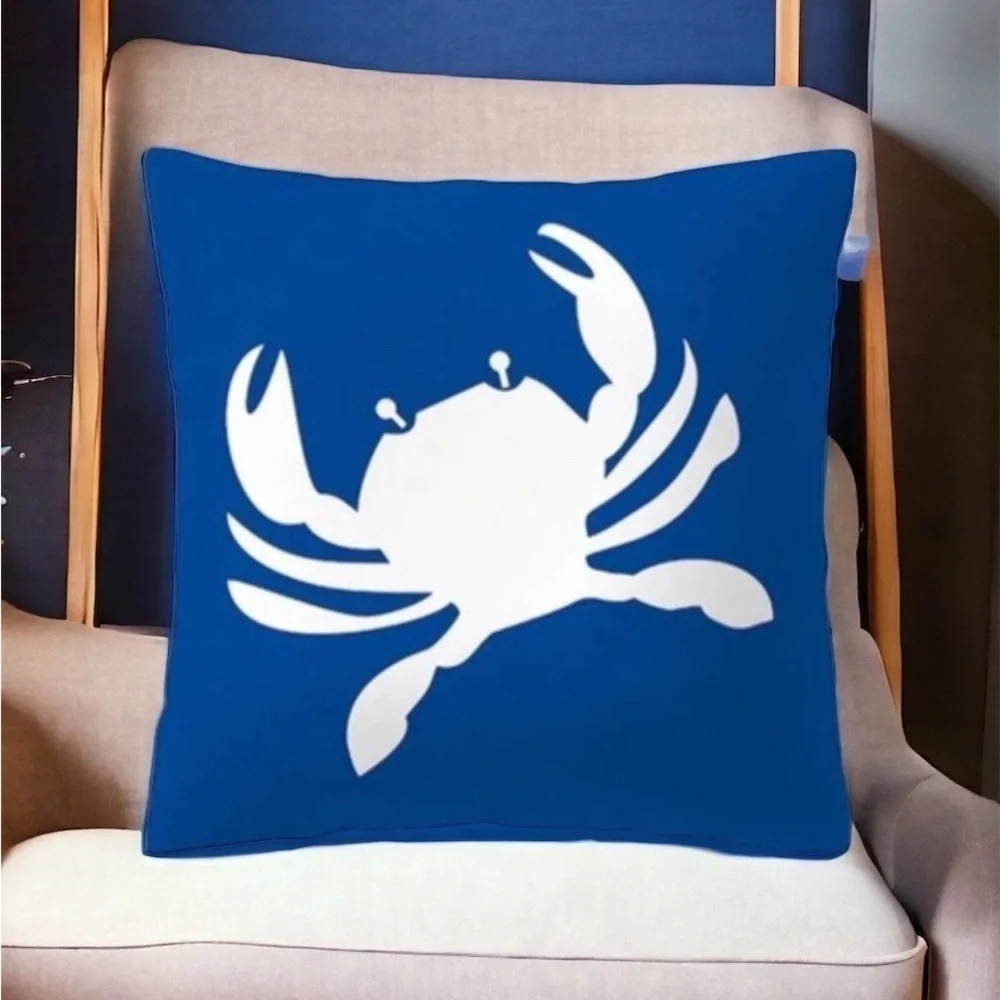 Coastal Nautical Crab Pillow Cover Graphic 17.7 in Square Classic Blue White